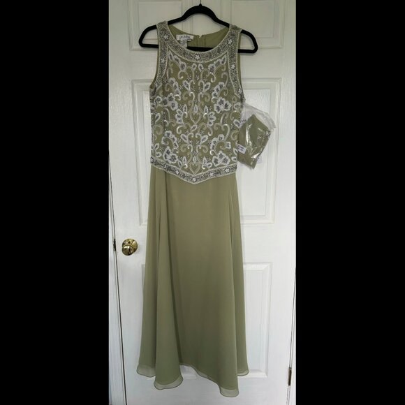 NWT JKARA Sage Green Beaded Formal Gown with Scarf - Size 12 - Picture 1 of 9